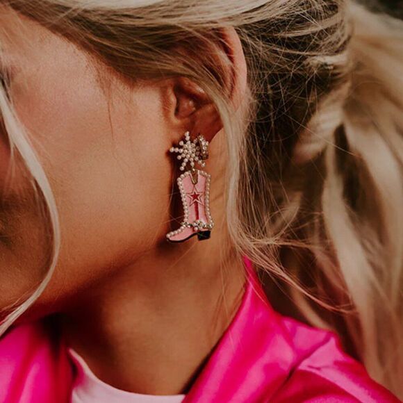 Pearl Enamel Cowboy Boot Earrings in Pink - Picture 3 of 10